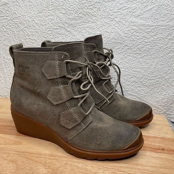 Sorel Boots Womens 7 Sorel‎ Toronto Wedge Ankle Bootie Olive Suede Lace Up - Picture 10 of 12